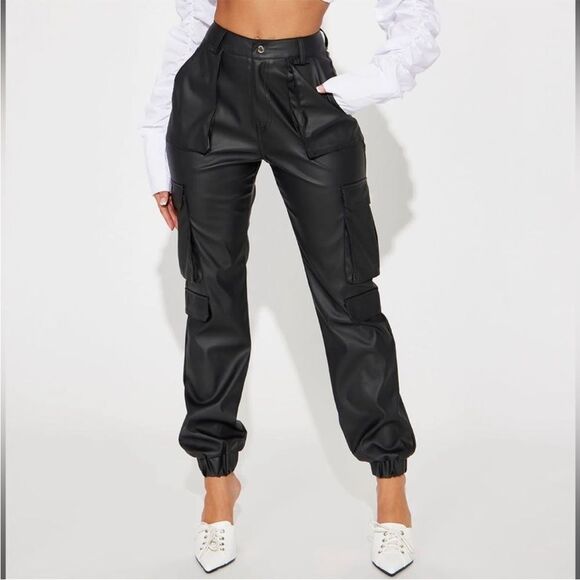 Fashion Nova Pants - Fashion Nova Black Faux Leather Cargo Joggers Size 1X